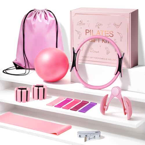 All-in-One Home Workout Kit for Women–Pilates Kit with Ankle Weights, Magic Circle 12 inch, Resistance Bands, Mini Pilates Ball, Carry Bag – Beginner Pilates Gift Set for Mother's Day, Birthday