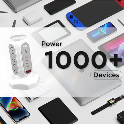 Power Strip Tower 15 Outlets 6 USB Ports, Surge Protector with Colorful Led-Light & PD 30W USB-C Fast Charger, Desktop Charging Station with 6.5ft Heavy Duty (White) - style: PD-30W-WHITE