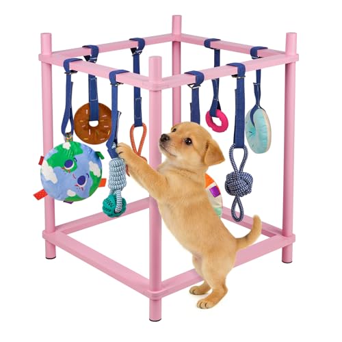 Wooden Puppy Play Gym for Small Dogs, Puppy Jungle Gym with 8 Hanging Toys, Wood Frame Indoor Puppy Gym with Dog Enrichment Toys for Puppies and Small Pets (Pink) - color: Pink
