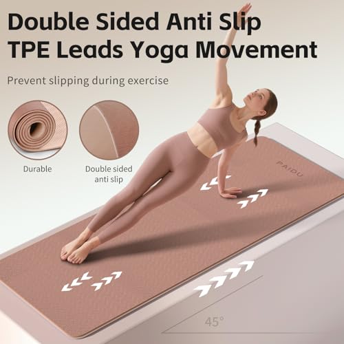 PAIDU Yoga Mat 8mm TPE Non‑Slip Fitness Mat with Strap for Home Workouts | SGS Certified, Odorless, Tear‑Resistant, Unisex, for Yoga, Pilates, Meditation, Home & Gym Workouts - color: Brown&Apricot
