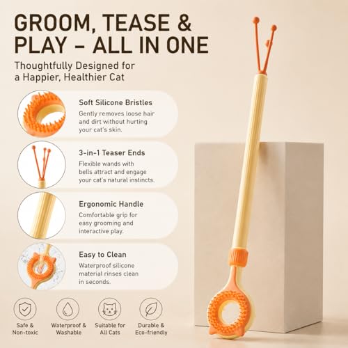 3-in-1 Cat Scratcher & Massage Stick with Teaser Tassel, Dual-Sided Grooming Brush, Handheld Tool for Loose Fur, Indoor Cats