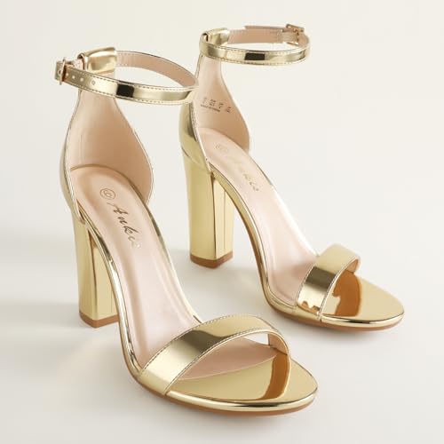 Ankis White Heels Wedding Shoes for Bride Women Chunky Heels Pearl High Heels Heeled Sandals 4 Inch - color: Gold Pu, size: 8.5