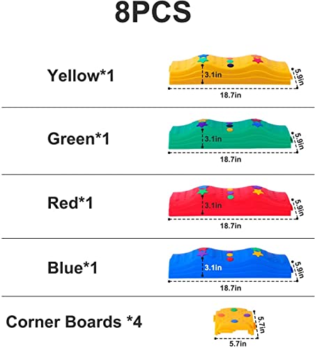 MOCUTEEN Kids Balance Beam & Toddler Stepping Stones 8PCS Sensory Toys for Balance & Coordination Non-Slip Surface with Rubber Pads Max Load 220LBS Multi-Color Indoor Play Five Star Pattern - color: 4straight 4pier