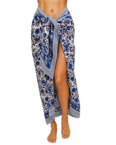 100% Cotton Hand Block Print Pareo Sarong Swimsuit Wrap Skirt Cover Up Long Women’s Apparel Fabric Beach Bikni (73" x 44") - color: Blue 5