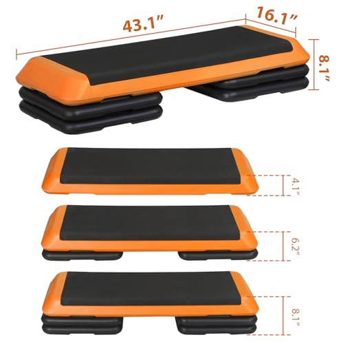 43" Exercise Aerobic Step Platform, Adjustable Fitness Stepper, with 4 Removable Risers for Home Gym Cardio Strength and Training - color: Orange