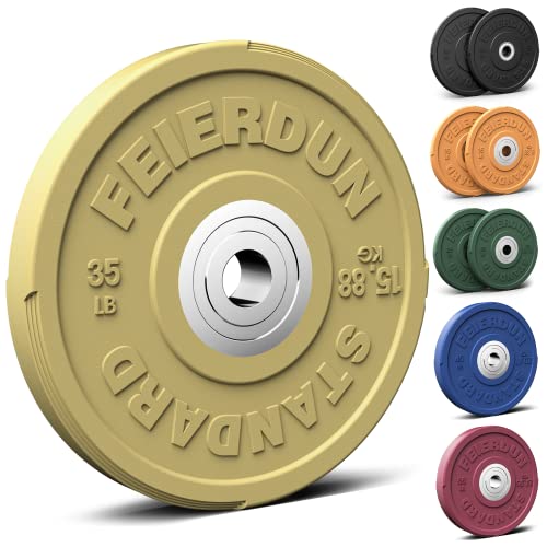 FEIERDUN Color Bumper Plate Set, 2-Inch Olympic Weight Plates, Low Bounce Rubber Barbell Plates with Stainless Steel Insert for Weightlifting, Strength Training, CrossFit & Home Gym, 10LB-370LB - style: D) 35LBS Single
