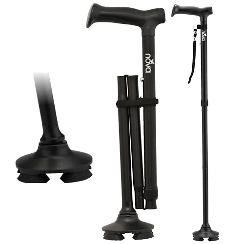 NOVA Foldable Quad Cane for Seniors, Self Standing Adjustable Walking Cane with Pivoting Quad Tip, Lightweight Collapsible Mobility Aid, Bonus Carry Pouch & Replacement Tips, Black - color: Midnight Black