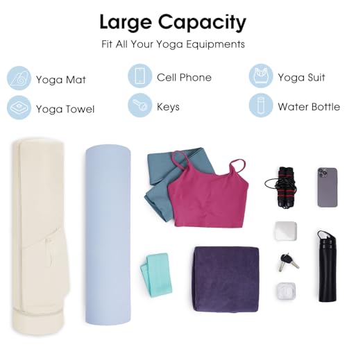 sportsnew Yoga Mat Bag, Full Zip Cargo Yoga Mat Carrier Bag with Drawstring Water Bottle Pocket and Bottom Wet Pocket, Exercise Yoga Mat Carrier Holder Multi-Functional Storage Bag Patent Pending - color: Beige, size: Medium pocket