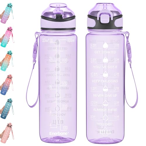 Enerbone 32 oz Water Bottle with Times to Drink and Straw, Motivational Drinking Water Bottles with Carrying Strap, Leakproof BPA & Toxic Free, Ensure You Drink Enough Water for Fitness Gym Outdoor - color: Amethyst