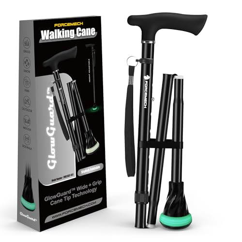 FORCEMECH GlowGuard Foldable Walking Cane for Men & Women, Adjustable Heavy Duty Cane with Glow Tip & Extra-Wide Tip - color: Gloss Black