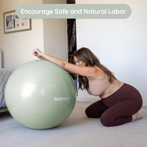 BABYGO Birthing Ball - Pregnancy Yoga Labor & Exercise Ball & Book Set Trimester Targeting, Maternity Physio, Birth & Recovery Plan Included Anti Burst Eco Friendly - color: Sage, size: 65cm - Electric