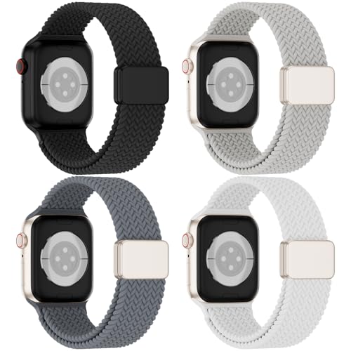 4 Pack Magnetic Stretchy Braided Sport Loop for Apple Watch Band Women Men | Nylon Elastic Strap Compatible with iWatch Series 11/10/9/8/SE/7/6/5/4/Ultra 3 2 for 38mm 40mm 41mm 42mm 44mm 45mm 46mm 49mm - color: Black/Pearl White/Blue Grey/White, size: 42/