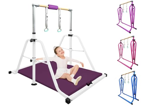 Foldable & Moveable Gymnastics Horizontal Bar with Rings,3’to 5’Adjustable Height Expandable Junior Kip Bar for Home,Indoor Gym Equipment for Kids - style: White with MAT