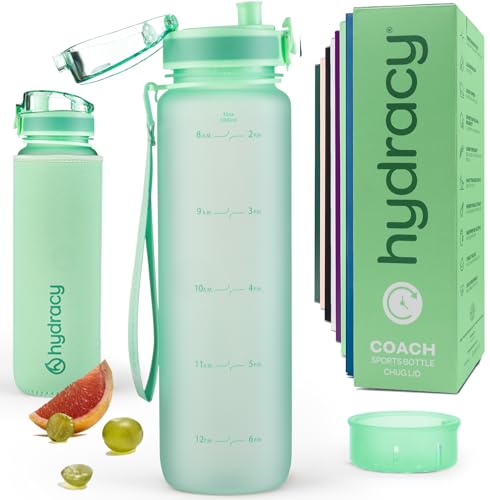 Hydracy Motivational Water Bottle with Time Marker & Fruit Infuser 32 oz | BPA-Free Tritan, Leakproof Flip-Top Lid,No-Sweat Sleeve,Carry Strap,Daily Intake Tracking for Gym,Sports,Outdoors - color: Aqua Green, size: 32 Ounces