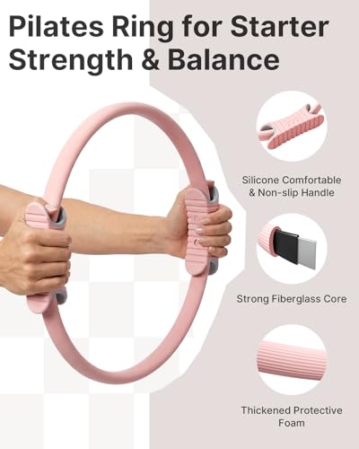 YOTTOY Pilates Ring and Ball Set, Figure 8 Resistance Bands, Stretch Bands&Guide,Pilates Equipment Set for Beginners for Home Workouts Core Strength, Yoga, Physical Therapy & Rehab - color: Pink, size: 15 Inch