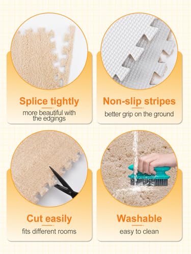 12 pcs Thickened Plush Foam Interlocking Floor Mat, Interlocking Foam Tiles with Edgings for Kids, Soft Anti-Slip Puzzle Area Square Rug Playmat for Children Room Bedroom(11.8", Light Brown) - color: Light Brown