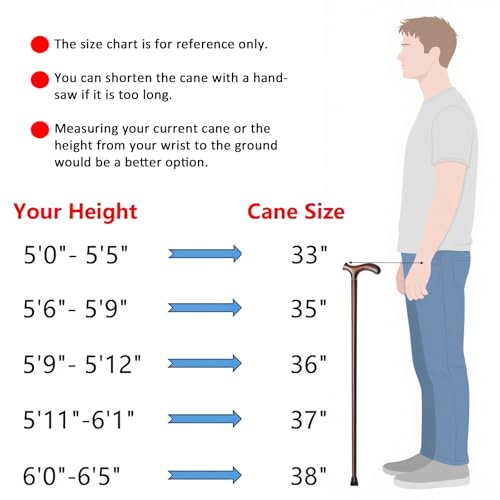 Wooden Walking Cane with 5 Height for Men and Women, Handmade Wood Cane with Comfort Grip Handle, Supportive Mobility Aid for Seniors, Fashionable & Classic Lightweight Stick - color: Coffee, size: 33inch
