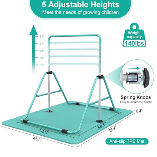 SHIWEI Gymnastics Bar for Kids, Gymnastic Kip Bar 5-Height Adjustable Home | Foldable, Indoor Outdoor Use, 140lb Capacity, for Ages 3-8, with Gymnastics Rings, Anti-Slip & Space-Saving Design - color: Green with mat