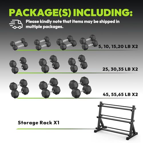 HANDBODE Dumbbell Set with 3-Tier Rack, 390-790 lb | Heavy Duty Weight Stand for Dumbbells, Space-Saving Metal Storage Organizer, Sturdy Dumbbell Holder for Home Gym - style: 610 lb Set (5-65 lb) *2 & Rack