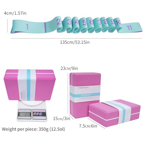 High Density Yoga Blocks 2 Pack with 11 Loops Stretch Band, 350g Non-Slip Foam Exercise Bricks for Pilates & Dance, Pink Gym Accessories with Carry Bag for Flexibility, Balance & Rehab Training - color: Pink Brick & Blue Band