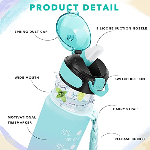 Enerbone 32 oz Drinking Water Bottle with Times to Drink and Straw, Motivational with Carrying Strap, Leakproof BPA & Toxic Free, Ensure You Drink Enough Water for Fitness Gym Outdoor - color: Green-Purple