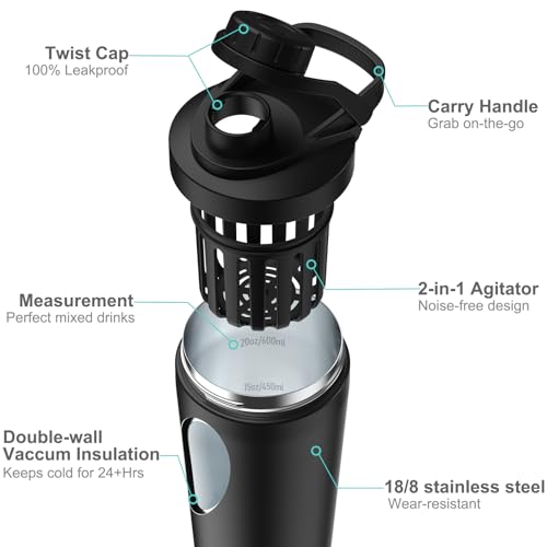 Greatyos Stainless Steel Shaker Bottle with Noise-Free Design - Patented 24 oz Insulated Metal Shakers Bottles Cup for Protein Mixes and Pre Workout 100% Leak Proof (Black) - color: Black