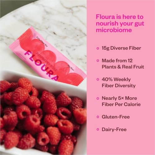 Floura Raspberry Rose Fruit-Forward Fiber Bars– High Fiber, Vegan, Gluten & Dairy Free, Low Calorie Healthy Snack Bars with Upcycled Produce for Gut Health [12 Pack] - size: 12 Pack