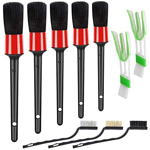 HMPLL 10pcs Auto Car Detailing Brush Set Car Interior Cleaning Kit Includes 5 Boar Hair Detail Brush,3 Wire Brush, 2 Air Vent Brush for Cleaning Car Interior Exterior, Dashboard Engines Leather Wheel - color: Red
