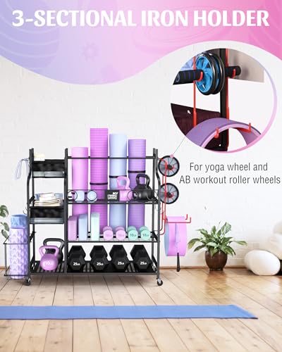 Mythinglogic Home Gym Storage Rack with Wheels for Dumbbells and Yoga Mats | Versatile storage with shelves, hooks and side holders for kettlebells, foam rollers, bands, weight plates and gym gear - color: Black