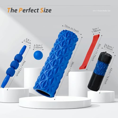 5 in1 Foam Roller Set, Trigger Point Foam Roller, Massage Roller Stick, Massage Ball, Resistance Band for Deep Muscle Massage Pilates Yoga,Fitness Exercise for Whole Body (Pure Blue) - color: Pure Blue