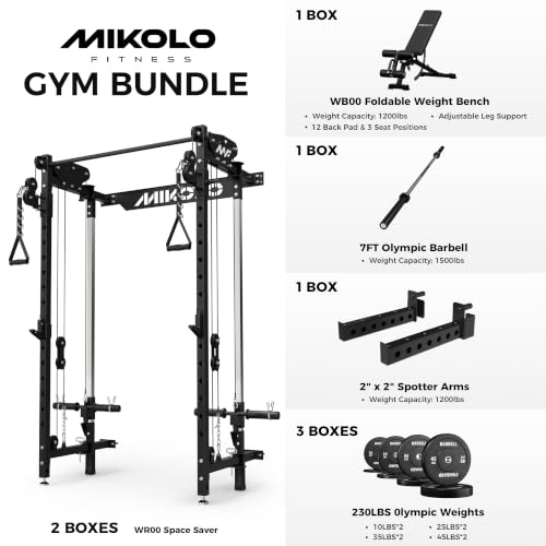 Mikolo Folding Squat Rack, Wall Mounted Power Rack with Cable Crossover Machine & LAT Pull Down, Functional Trainer with 5 Adjustable Function Modes, Home Gym Package - color: Black, size: WR00 Package (BP 230LB & Bar & Bench)