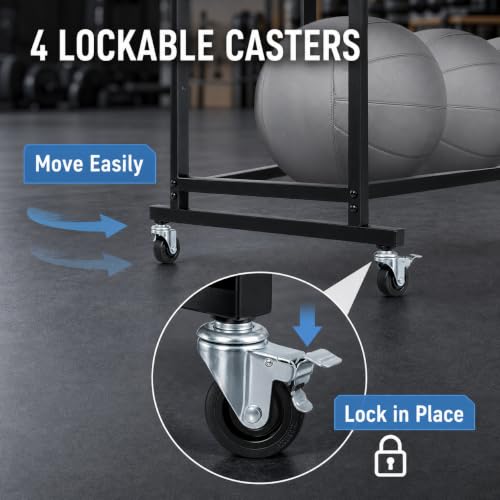 3 Tier Medicine Ball Rack with Wheels, Rolling Weight Ball Storage Stand for Home Gym with 20 lbs Capacity Per Shelf, Heavy Duty Fitness Holder for Slam Balls Wall Balls Exercise Balls, Indoor/Outdoor