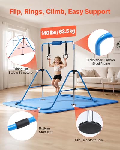 VEVOR Gymnastic Bars for Kids, 140 lbs Capacity Folding Training Kip Bar with Mat, 5 Adjustable Height Gymnastic Horizontal Bar Home, Training Equipment for Indoor Outdoor, Easy Assemble - color: Blue Mat