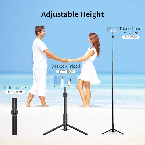Magnetic Phone Tripod for iPhone 64" Automatic Pop-up Selfie Stick | Tripod Stand with Remote and Metal Ring for Cell Phone Video Recording/Photography/Vlogging (Balck) - color: Black, size: 64in