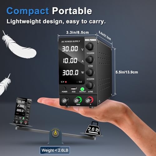 NICE-POWER DC Power Supply Variable 30V 10A, Adjustable Switching Regulated DC Bench Power Supply with Output Switch High Precision 4-Digit LED Display, Benchtop Lab Power Supplies with 5V/2A USB Port - size: 30V 10A