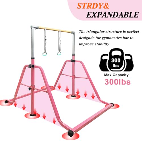 Foldable & Moveable Gymnastics Horizontal Bar with Rings,3’to 5’Adjustable Height Expandable Junior Kip Bar for Home,Indoor Gym Equipment for Kids - style: Foldable Light Pink with Rings