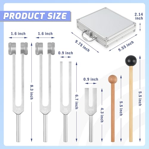 Tuning Fork Medical Sound Healing Set of 4 (128Hz, OM 136.1Hz, MI 528Hz, 4096Hz), Weighted & Unweighted Aluminum Forks with Reflex Hammer, Storage Bag and Exquisite Package for Chakra/Healing/Yoga - color: 4 Pcs - Silver