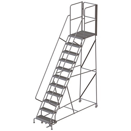 Tri-Arc RWSR111242-XR 11-Step Gateway Rear-Exit Steel Rolling Ladder with 30" Deep Top Platform, Grip Strut Tread with Handrails, 24" Wide Steps - size: 11-Step, style: Grip Strut Tread