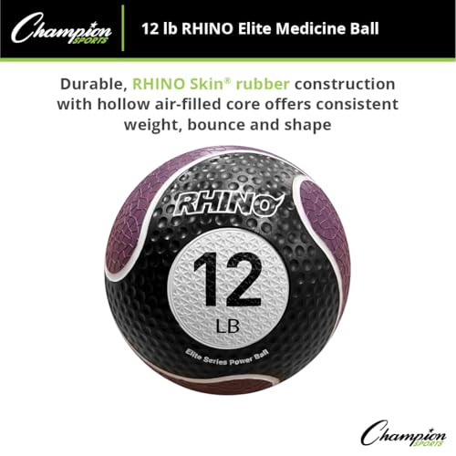 Champion Sports Rhino Elite Medicine Ball – Textured Surface, Superior Grip, Hollow Synthetic Rubber for Consistent Bounce & Durability, Multiple Weights & Colors - Optional Rebounder Sold Separately - style: 12 Pounds - Purple