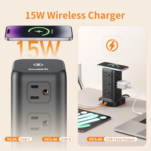 Extension Cord with Multiple Outlets, SMALLRT Power Strip Tower, 10FT Outlet Extender with 12 AC Outlets 4 USB, Power Strip with USB Ports for Home Office Dorm Room,Overload Protection - color: Black, size: 10 Ft with wireless charging
