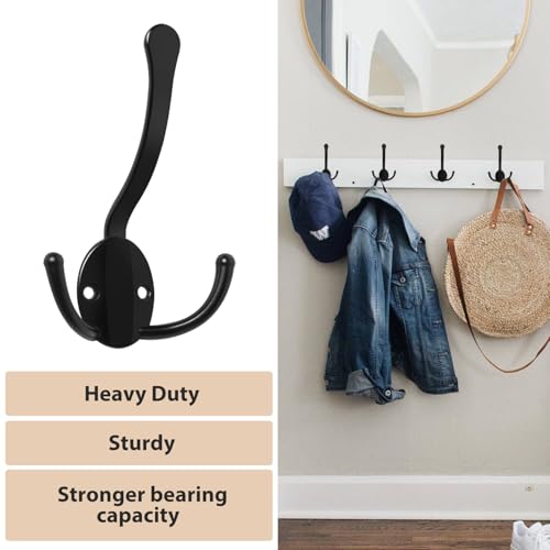 Homanu 8 Pack Coat Hooks Heavy Duty, Metal Three Prongs Large Coat Hooks Wall Mounted with 16 Screws, No Rust Black Rustic Wall Hooks for Hanging Towel, Coat, Scarf, Bag, Hat, Cup, Key - color: 8 Pcs Black