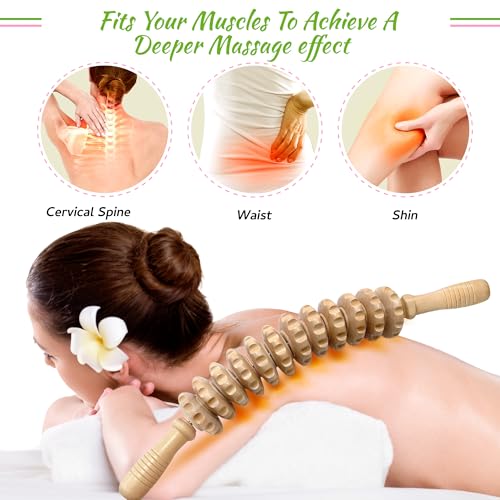 Wooden Curved Handheld Roller Stick Massager - 12 Rollers Wood Therapy Tool for Trigger Point, Fascia & Cellulite Reduction, Lymphatic Drainage, Muscle Tension Relief & Body Shaping (Wood) - color: Wood-12 Rollers