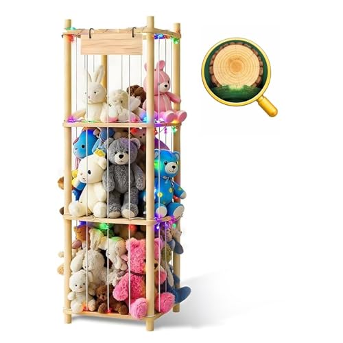 Stuffed Animal Storage Zoo Organizer Natural Pine Plushies Storage with Elastic Bands Vertical Wood Toy Holder Mesh Net Space Saving Design for Playroom Nursery Kids Bedroom - color: Wood Color Bee Square Board