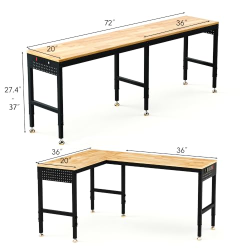 Betterhood 72" 2-in-1 Convertible Adjustable Workbench, L-Shaped & Extended 5000 LBS Heavy Duty Work Table with Power Outlets & Pegboard, Rubber Wood Workstation for Garage, Workshop - size: Rubber Pad/ Power Outlets/ 2 Pegboard/ 72"x20"x37"