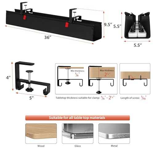 Univivi No Drill Under Desk Cable Management Tray, 36" Cord Organizer for Table, Clamp/Screw Mount Desk Cable Management, Premium Fabric Cable Management Tray for Office, Home - color: Black, size: 36"L x 5.5"W
