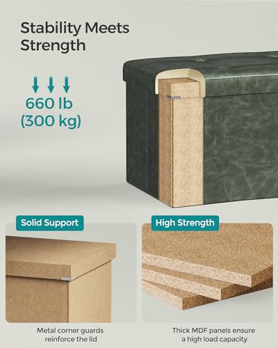SONGMICS Mazie Collection - 43 Inches Folding Storage Ottoman Bench, Ottoman with Storage, Foot Rest Stool, Load 660 lb, for Living Room, Synthetic Leather, Forest Green ULSF070C01 - color: Forest Green, size: 15"D x 43"W x 15"H