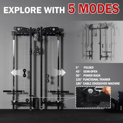 Mikolo Folding Squat Rack, Wall Mounted Power Rack with Cable Crossover Machine & LAT Pull Down, Functional Trainer with 5 Adjustable Function Modes, Home Gym Package - color: Black, size: WR00 Package (BP 230LB & Bar & Bench)