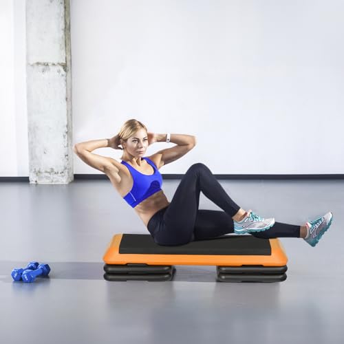 43" Exercise Aerobic Step Platform, Adjustable Fitness Stepper, with 4 Removable Risers for Home Gym Cardio Strength and Training - color: Orange