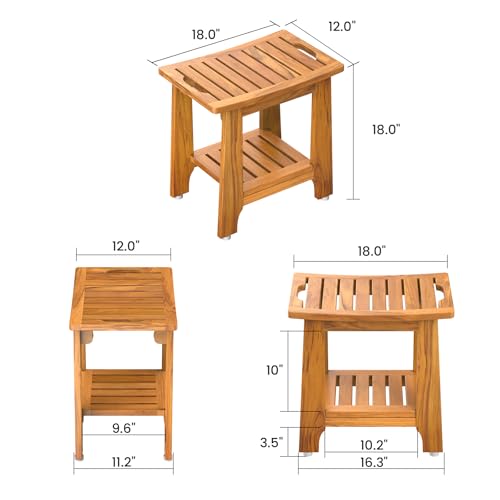 18" Standard Teak Shower Bench with Shelf & Handle - Waterproof, Non-Slip Bath Stool, 300 lbs Capacity - Fits Standard Tubs/Showers & Outdoor Use (Patented) - size: 18"W x 12" Dx 18"H