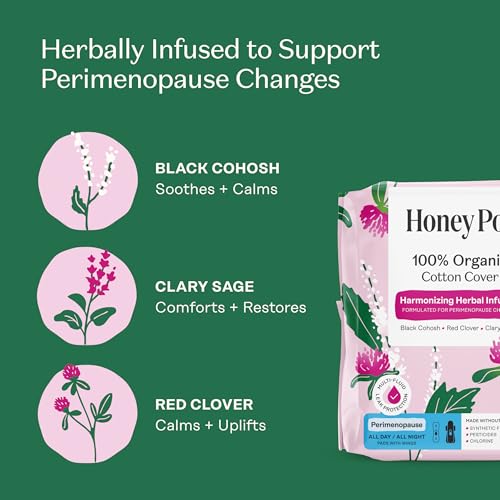 Honey Pot - Perimenopause All Day All Night Pads for Women - 100% Organic Cotton Top Sheet - Feminine Care - Multi-Fluid Absorbency - Harmonizing Herbs of Black Cohosh, Clary Sage, & Red Clover - 44ct - size: 44 Count (Pack of 1), style: Peri-Menopause Al